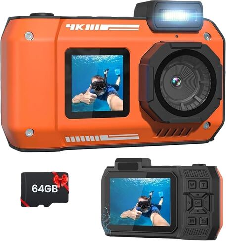كاميرا مقاومة للماء 33FT 4K 65MP كاميرا تحت الماء متينة مقاومة للغبار والصدمات مع بطاقة 64G، كاميرا تحت الماء للغطس مع التركيز التلقائي لصور السيلفي وشاشة مزدوجة للغوص وكاميرا رقمية قابلة للطفو in Kuwait