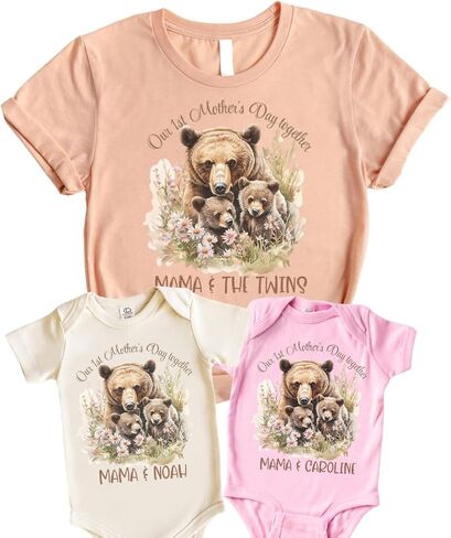 Twin Mom First Mothers Day Matching Outfit For Baby And Mom, First Time Mom Gifts for 1st Mother's Day Twins Mama Bear, Our First Mother's Day Mommy Me Matching Shirts from Baby Boy Baby Girl in Kuwait