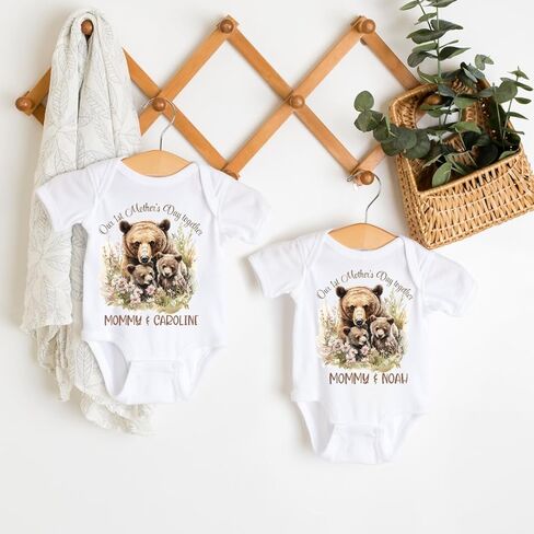 Twin Mom First Mothers Day Matching Outfit For Baby And Mom, First Time Mom Gifts for 1st Mother's Day Twins Mama Bear, Our First Mother's Day Mommy Me Matching Shirts from Baby Boy Baby Girl in Kuwait