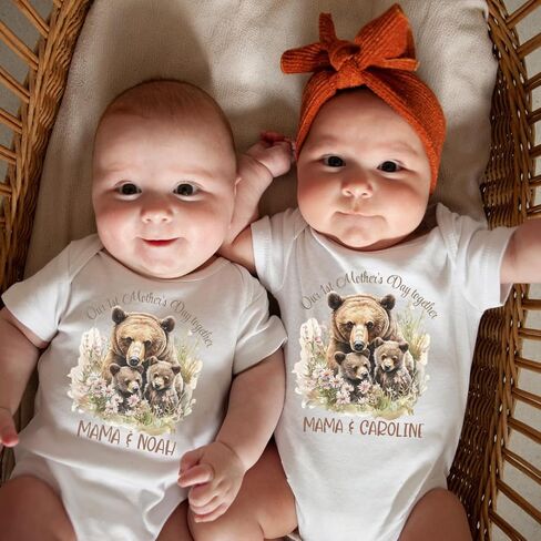 Twin Mom First Mothers Day Matching Outfit For Baby And Mom, First Time Mom Gifts for 1st Mother's Day Twins Mama Bear, Our First Mother's Day Mommy Me Matching Shirts from Baby Boy Baby Girl in Kuwait