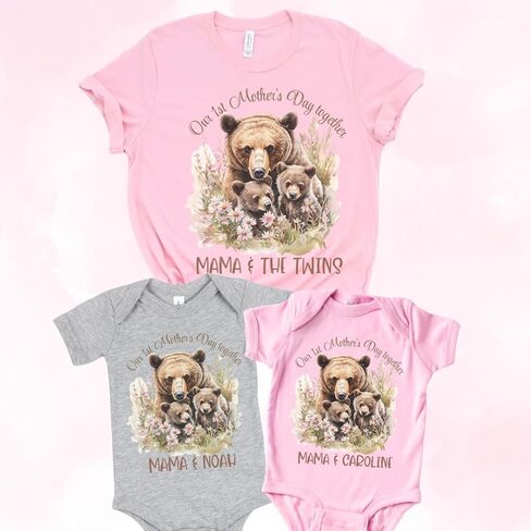 Twin Mom First Mothers Day Matching Outfit For Baby And Mom, First Time Mom Gifts for 1st Mother's Day Twins Mama Bear, Our First Mother's Day Mommy Me Matching Shirts from Baby Boy Baby Girl in Kuwait