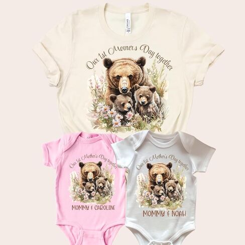 Twin Mom First Mothers Day Matching Outfit For Baby And Mom, First Time Mom Gifts for 1st Mother's Day Twins Mama Bear, Our First Mother's Day Mommy Me Matching Shirts from Baby Boy Baby Girl in Kuwait