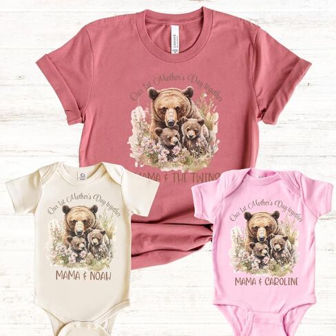 Twin Mom First Mothers Day Matching Outfit For Baby And Mom, First Time Mom Gifts for 1st Mother's Day Twins Mama Bear, Our First Mother's Day Mommy Me Matching Shirts from Baby Boy Baby Girl in Kuwait