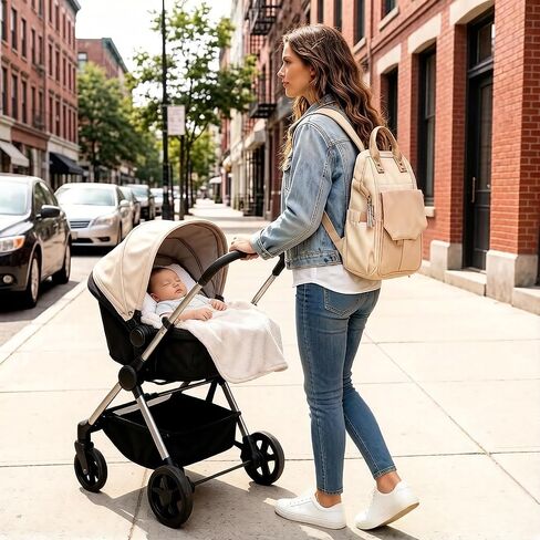 حقيبة ظهر للحفاضات - حقيبة أطفال مع حاملات زجاجات مقاومة للماء ومعزولة، سعة كبيرة لطفلين، حقيبة للأم مع أشرطة عربة الأطفال، مشبك مغناطيسي مفتوح بيد واحدة للسفر، بلون ذهبي in Kuwait