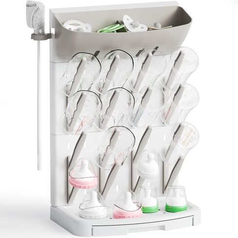 SuoXing Vertical Baby Bottle Drying Rack with Brush- Hold 16 Bottles - Large Breast Pump,Bottle Dryer Rack for Kitchen Countertop,Space Saving Bottle Stand Holder for Pacifiers,Pump Accessories,Grey in Saudi Arabia