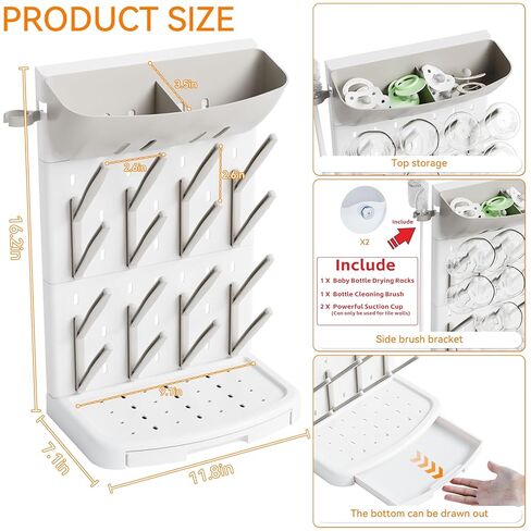 SuoXing Vertical Baby Bottle Drying Rack with Brush- Hold 16 Bottles - Large Breast Pump,Bottle Dryer Rack for Kitchen Countertop,Space Saving Bottle Stand Holder for Pacifiers,Pump Accessories,Grey in Saudi Arabia