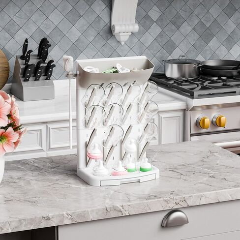 SuoXing Vertical Baby Bottle Drying Rack with Brush- Hold 16 Bottles - Large Breast Pump,Bottle Dryer Rack for Kitchen Countertop,Space Saving Bottle Stand Holder for Pacifiers,Pump Accessories,Grey in Saudi Arabia