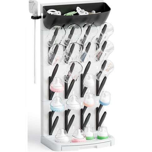 SuoXing Vertical Baby Bottle Drying Rack with Brush- Hold 16 Bottles - Large Breast Pump,Bottle Dryer Rack for Kitchen Countertop,Space Saving Bottle Stand Holder for Pacifiers,Pump Accessories,Grey in Saudi Arabia