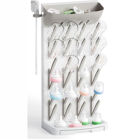 SuoXing Vertical Baby Bottle Drying Rack with Brush- Hold 16 Bottles - Large Breast Pump,Bottle Dryer Rack for Kitchen Countertop,Space Saving Bottle Stand Holder for Pacifiers,Pump Accessories,Grey in Saudi Arabia