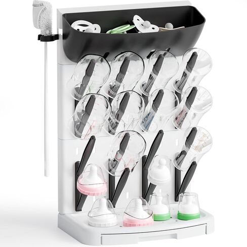 SuoXing Vertical Baby Bottle Drying Rack with Brush- Hold 16 Bottles - Large Breast Pump,Bottle Dryer Rack for Kitchen Countertop,Space Saving Bottle Stand Holder for Pacifiers,Pump Accessories,Grey in Saudi Arabia