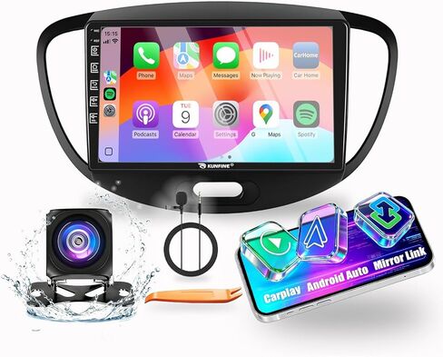 Kunfine Car CarPlay Android Auto Navigation Stereo GPS Radio Reverse Camera Display 9 "IPS Touchscreen Headunit Tablet Pad Media Player for Hyundai I10 2008-2012، إذا كان ذلك ممكنًا، رباعي النواة 2G+64G in Kuwait