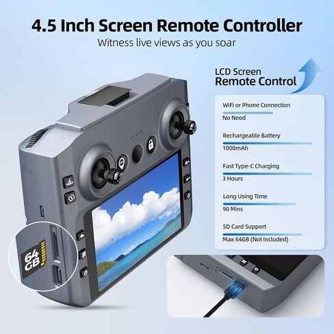 طائرة بدون طيار بنظام تحديد المواقع العالمي (GPS) مع كاميرا للبالغين، طائرة بدون طيار 2K FPV مع جهاز تحكم عن بعد بشاشة 4.5 بوصة، محرك بدون فرشاة، إرجاع تلقائي، اتبعني، اضغط على الطيران والطيران الدائري، طائرة كوادكوبتر قابلة للطي لوقت طويل للمبتدئين in Kuwait