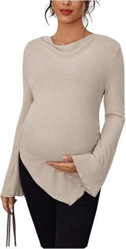 RoseSeek Women's Maternity Tee Shirt Draped Cowl Neck Flare Sleeve Ribbed Knit Going Out Tops in Saudi Arabia