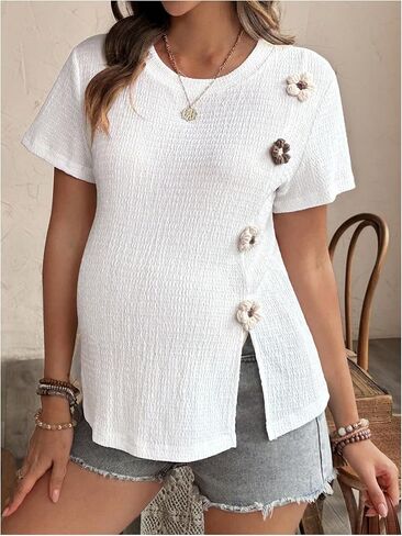MakeMeChic Women's Maternity T Shirt Floral Crew Neck Short Sleeve Split Pregnancy Tops in Saudi Arabia
