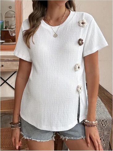 MakeMeChic Women's Maternity T Shirt Floral Crew Neck Short Sleeve Split Pregnancy Tops in Saudi Arabia
