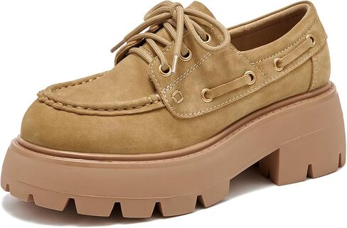 BEAU TODAY Women's Platform Oxford Shoes, Suede Leather Chunky Heel Oxfords, Vintage Casual Lace-Up Oxford Shoes for Women, Non-Slip Comfortable Breathable Dressy Work Oxfords in Kuwait