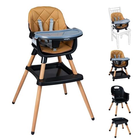 BABY JOY 8-in-1 High Chair, Convertible Wooden Highchairs for Babies and Toddlers | Dining Booster Seat | Toddler Stool, Double Removable Tray, 5-Point Safety Harness & Waterproof PU Cushion (Coffee) in Kuwait