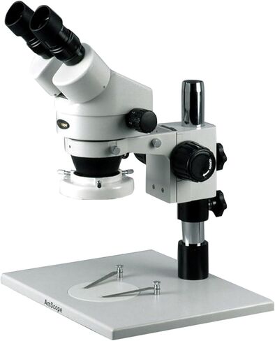 AmScope SM-1BZ-FRL مجهر تكبير ستيريو ثنائي العينين احترافي، عدسات WH10x، تكبير 3.5x-90x، هدف تكبير 0.7X-4.5X، ضوء حلقة فلورسنت، حامل عمود طاولة كبير، 110 فولت-240 فولت، يتضمن عدسات بارلو 0.5x و2.0x in Kuwait