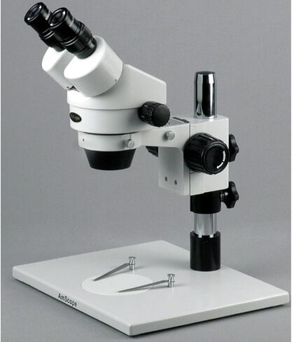 AmScope SM-1BZ-FRL مجهر تكبير ستيريو ثنائي العينين احترافي، عدسات WH10x، تكبير 3.5x-90x، هدف تكبير 0.7X-4.5X، ضوء حلقة فلورسنت، حامل عمود طاولة كبير، 110 فولت-240 فولت، يتضمن عدسات بارلو 0.5x و2.0x in Kuwait