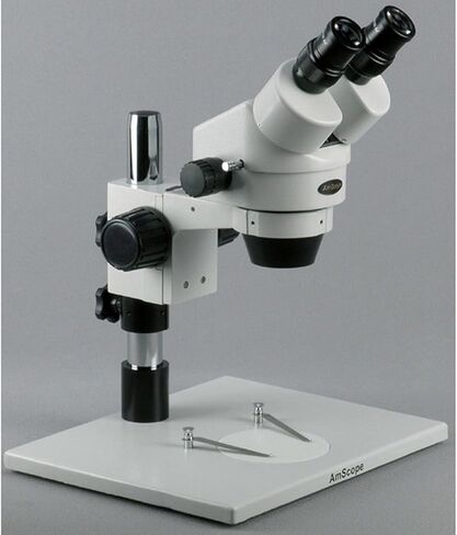 AmScope SM-1BZ-FRL مجهر تكبير ستيريو ثنائي العينين احترافي، عدسات WH10x، تكبير 3.5x-90x، هدف تكبير 0.7X-4.5X، ضوء حلقة فلورسنت، حامل عمود طاولة كبير، 110 فولت-240 فولت، يتضمن عدسات بارلو 0.5x و2.0x in Kuwait