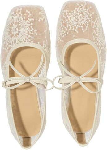 GORGLITTER Women's Lace Mesh Ballet Flats Ballerina Maryjanes Dress Shoes | Cute White Ballet Flats, Mesh Flats for Wedding Bridal, Square Closed Toe Sandals, Office Shoes in Saudi Arabia