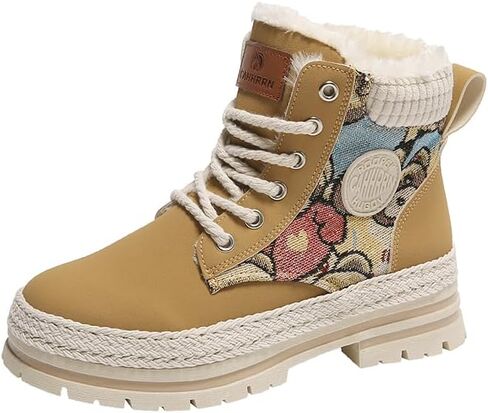Winter Combat Boots with Fur Lining, Black and Tan, Lace-Up Style, Plush Interior, Casual Outdoor Snow Boots in Kuwait