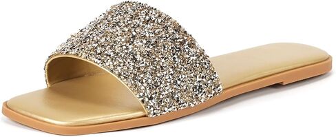 Womens Sparkly Rhinestone Sandals Square Open Toe Sandal Slip on Summer Flat Sandals for Beach Wedding Holiday Shopping in Kuwait