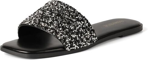 Womens Sparkly Rhinestone Sandals Square Open Toe Sandal Slip on Summer Flat Sandals for Beach Wedding Holiday Shopping in Kuwait