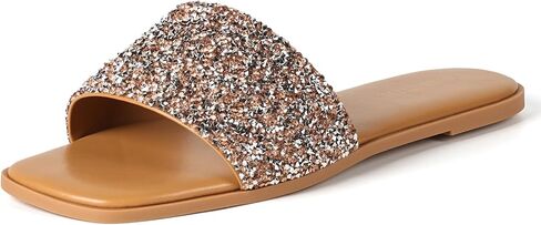 Womens Sparkly Rhinestone Sandals Square Open Toe Sandal Slip on Summer Flat Sandals for Beach Wedding Holiday Shopping in Kuwait