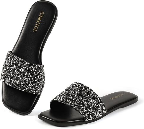 Womens Sparkly Rhinestone Sandals Square Open Toe Sandal Slip on Summer Flat Sandals for Beach Wedding Holiday Shopping in Kuwait