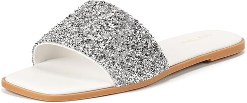 Womens Sparkly Rhinestone Sandals Square Open Toe Sandal Slip on Summer Flat Sandals for Beach Wedding Holiday Shopping in Kuwait
