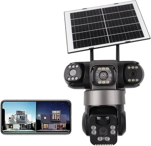 نظام كاميرا أمان لاسلكية تعمل بالطاقة الشمسية بدقة 4K، مع ثلاث عدسات، PTZ بزاوية 360 درجة، مقاومة للماء IP66، تخزين سحابي، للاستخدام الآمن في المنزل والعمل ((B(Bl(Bla(Blac(Black(Black) in Kuwait