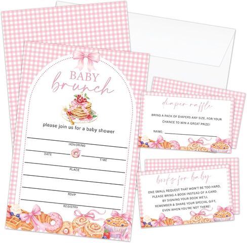 Girl Baby Shower Invitations for Girl, Pink Bow Pancake Brunch Baby Shower Invites with Envelopes, Set of 25 Gender Reveal Invites Cards with Envelopes & Book Request Cards & Diaper Raffle Tickets -13 in Kuwait
