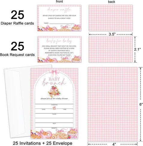 Girl Baby Shower Invitations for Girl, Pink Bow Pancake Brunch Baby Shower Invites with Envelopes, Set of 25 Gender Reveal Invites Cards with Envelopes & Book Request Cards & Diaper Raffle Tickets -13 in Kuwait