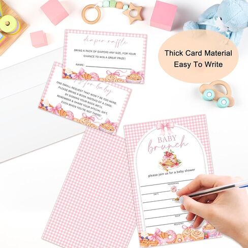 Girl Baby Shower Invitations for Girl, Pink Bow Pancake Brunch Baby Shower Invites with Envelopes, Set of 25 Gender Reveal Invites Cards with Envelopes & Book Request Cards & Diaper Raffle Tickets -13 in Kuwait