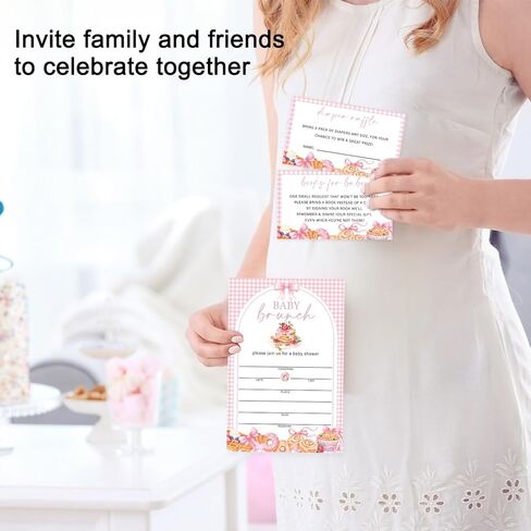 Girl Baby Shower Invitations for Girl, Pink Bow Pancake Brunch Baby Shower Invites with Envelopes, Set of 25 Gender Reveal Invites Cards with Envelopes & Book Request Cards & Diaper Raffle Tickets -13 in Kuwait