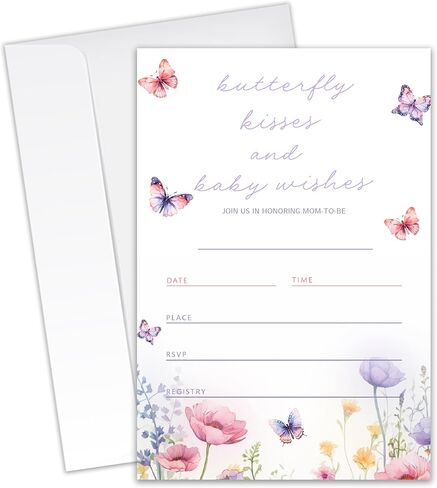 butterfly Kisses & Baby Wishes - Baby Shower Invitations - 20 Invitation Cards 4"x6" with 20 Envelopes.(079) in Kuwait