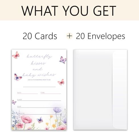 butterfly Kisses & Baby Wishes - Baby Shower Invitations - 20 Invitation Cards 4"x6" with 20 Envelopes.(079) in Kuwait