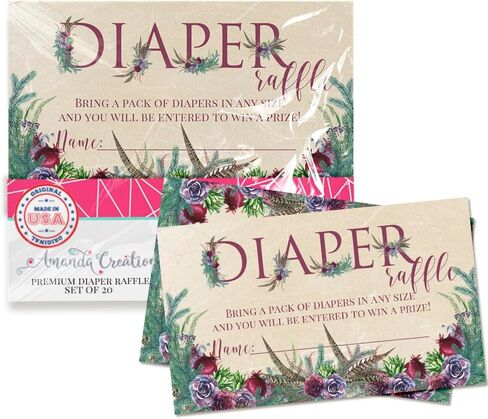 Watercolor Sunflower & Peony Floral Spring Baby Shower Diaper Raffle Tickets 20 Double-Sided 2"x3" Insert Cards, Floral Diaper Raffle Cards for Baby Shower Prizes, Made in USA by Amanda Creation in Saudi Arabia