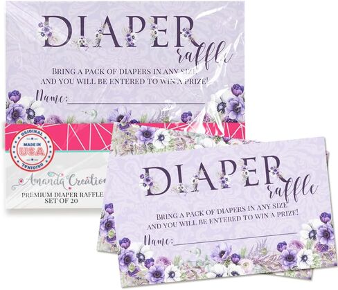 Watercolor Sunflower & Peony Floral Spring Baby Shower Diaper Raffle Tickets 20 Double-Sided 2"x3" Insert Cards, Floral Diaper Raffle Cards for Baby Shower Prizes, Made in USA by Amanda Creation in Saudi Arabia