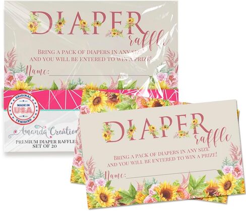 Watercolor Sunflower & Peony Floral Spring Baby Shower Diaper Raffle Tickets 20 Double-Sided 2"x3" Insert Cards, Floral Diaper Raffle Cards for Baby Shower Prizes, Made in USA by Amanda Creation in Saudi Arabia