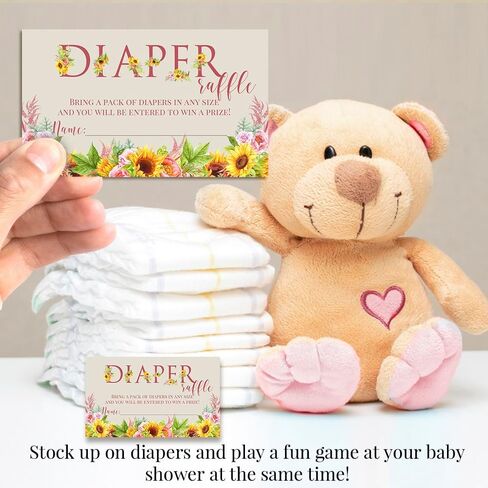Watercolor Sunflower & Peony Floral Spring Baby Shower Diaper Raffle Tickets 20 Double-Sided 2"x3" Insert Cards, Floral Diaper Raffle Cards for Baby Shower Prizes, Made in USA by Amanda Creation in Saudi Arabia