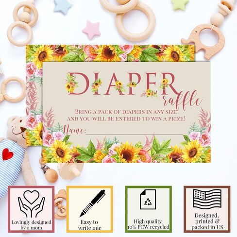 Watercolor Sunflower & Peony Floral Spring Baby Shower Diaper Raffle Tickets 20 Double-Sided 2"x3" Insert Cards, Floral Diaper Raffle Cards for Baby Shower Prizes, Made in USA by Amanda Creation in Saudi Arabia