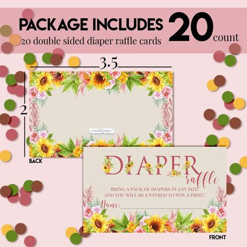 Watercolor Sunflower & Peony Floral Spring Baby Shower Diaper Raffle Tickets 20 Double-Sided 2"x3" Insert Cards, Floral Diaper Raffle Cards for Baby Shower Prizes, Made in USA by Amanda Creation in Saudi Arabia
