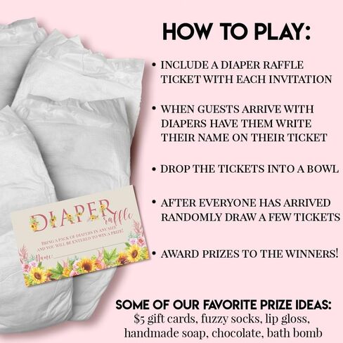 Watercolor Sunflower & Peony Floral Spring Baby Shower Diaper Raffle Tickets 20 Double-Sided 2"x3" Insert Cards, Floral Diaper Raffle Cards for Baby Shower Prizes, Made in USA by Amanda Creation in Saudi Arabia