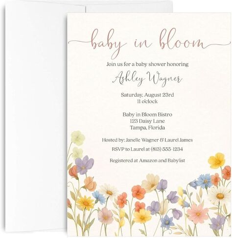 Wildflower Baby Shower Invitations for Girls | Baby in Bloom Wild Flower Bouquet Bar Invite Personalized with Envelopes | Set of 12 in Kuwait
