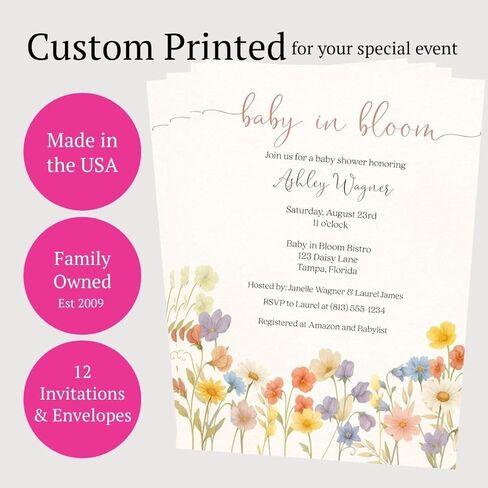 Wildflower Baby Shower Invitations for Girls | Baby in Bloom Wild Flower Bouquet Bar Invite Personalized with Envelopes | Set of 12 in Kuwait