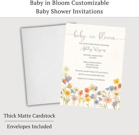 Wildflower Baby Shower Invitations for Girls | Baby in Bloom Wild Flower Bouquet Bar Invite Personalized with Envelopes | Set of 12 in Kuwait