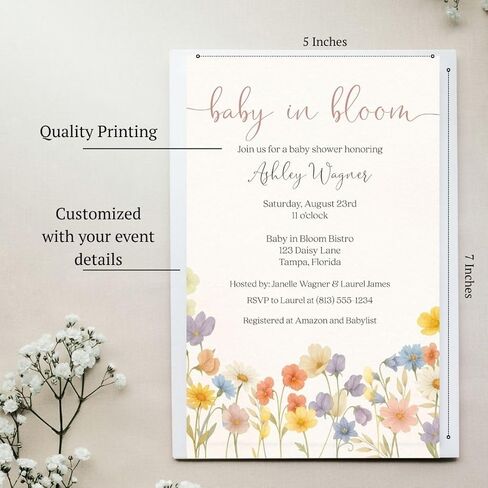 Wildflower Baby Shower Invitations for Girls | Baby in Bloom Wild Flower Bouquet Bar Invite Personalized with Envelopes | Set of 12 in Kuwait