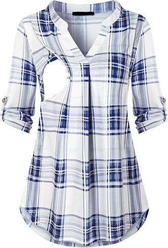 Nursing Tops for Breastfeeding Maternity 3/4 Rolled Sleeve Breastfeeding Shirts for Women White in Kuwait